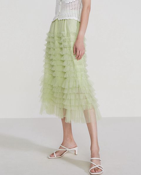 荷叶褶网布半身裙